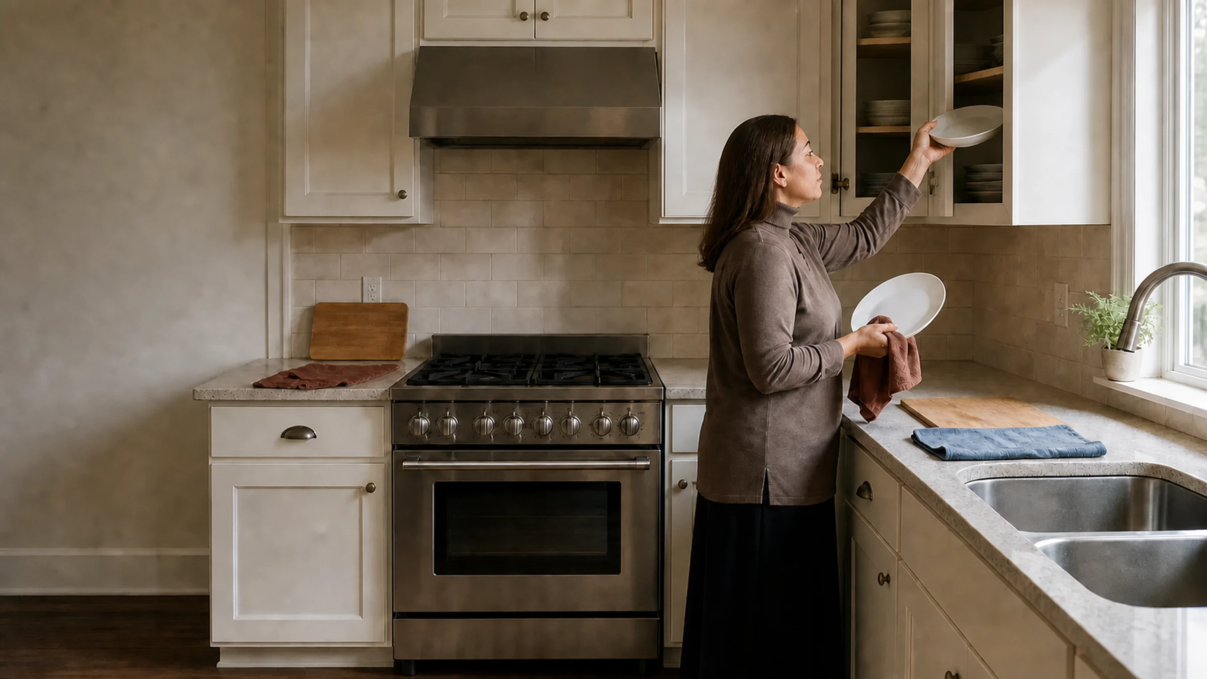 A woman puts away dishes in a home kitchen with separate meat and dairy work areas and a double sink.