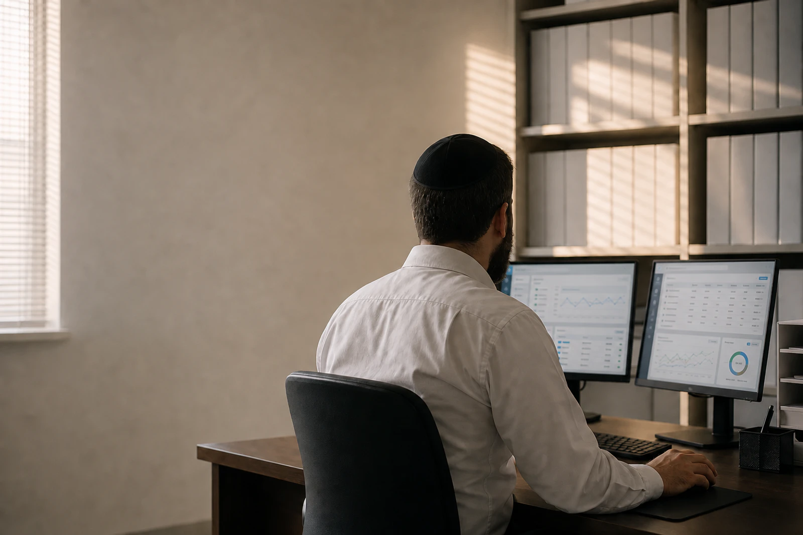 A rabbinic coordinator works at a two-monitor desk in a kosher certification agency office in early morning light.