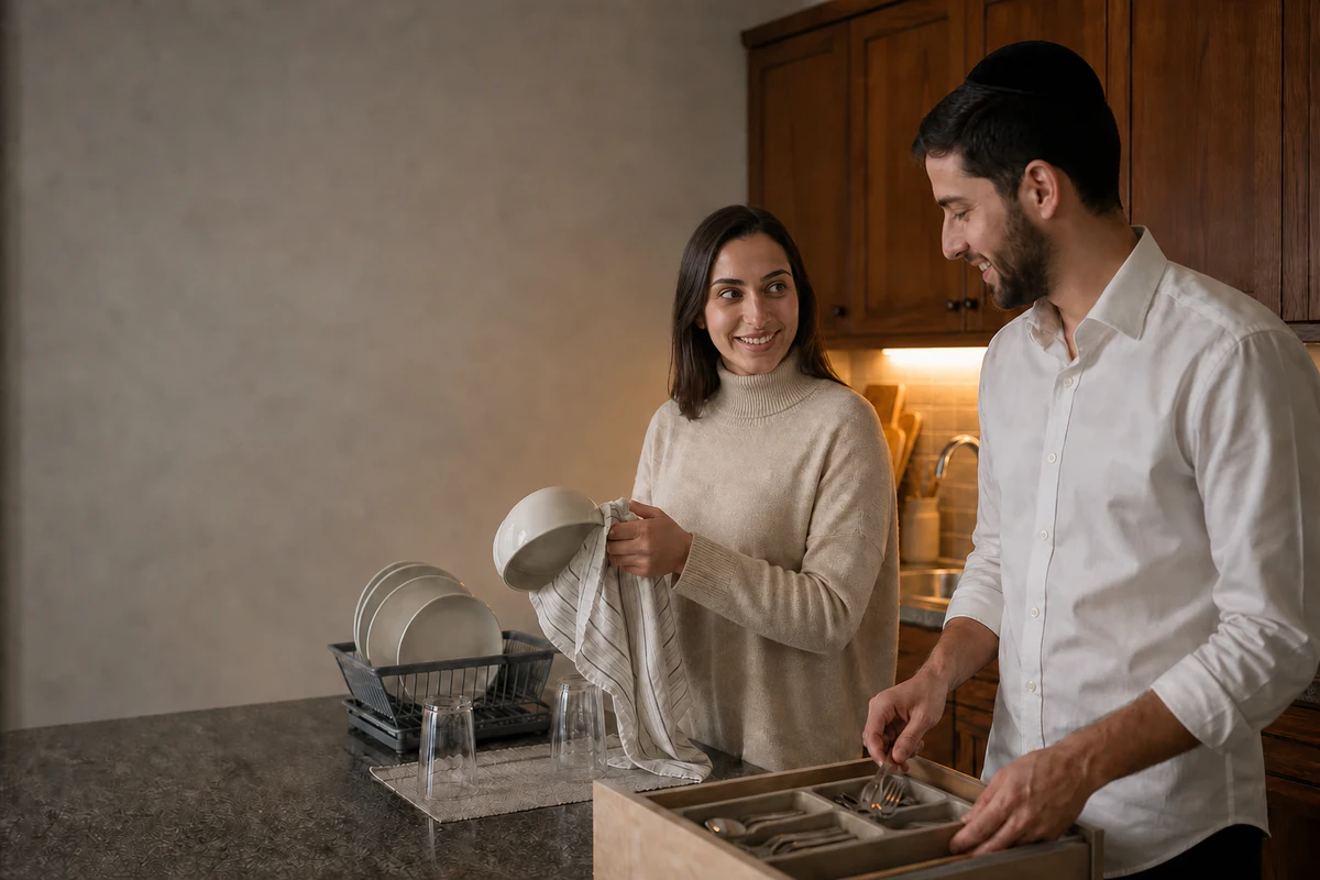 A young couple put away dishes together in the kitchen of their home in the early evening.